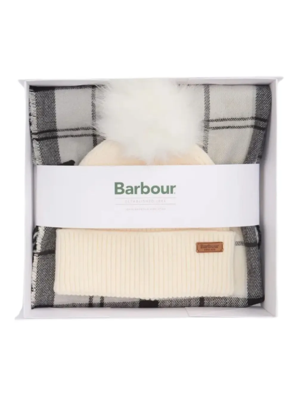 Barbour Checked Fringe-detail Scarf Set In Gray