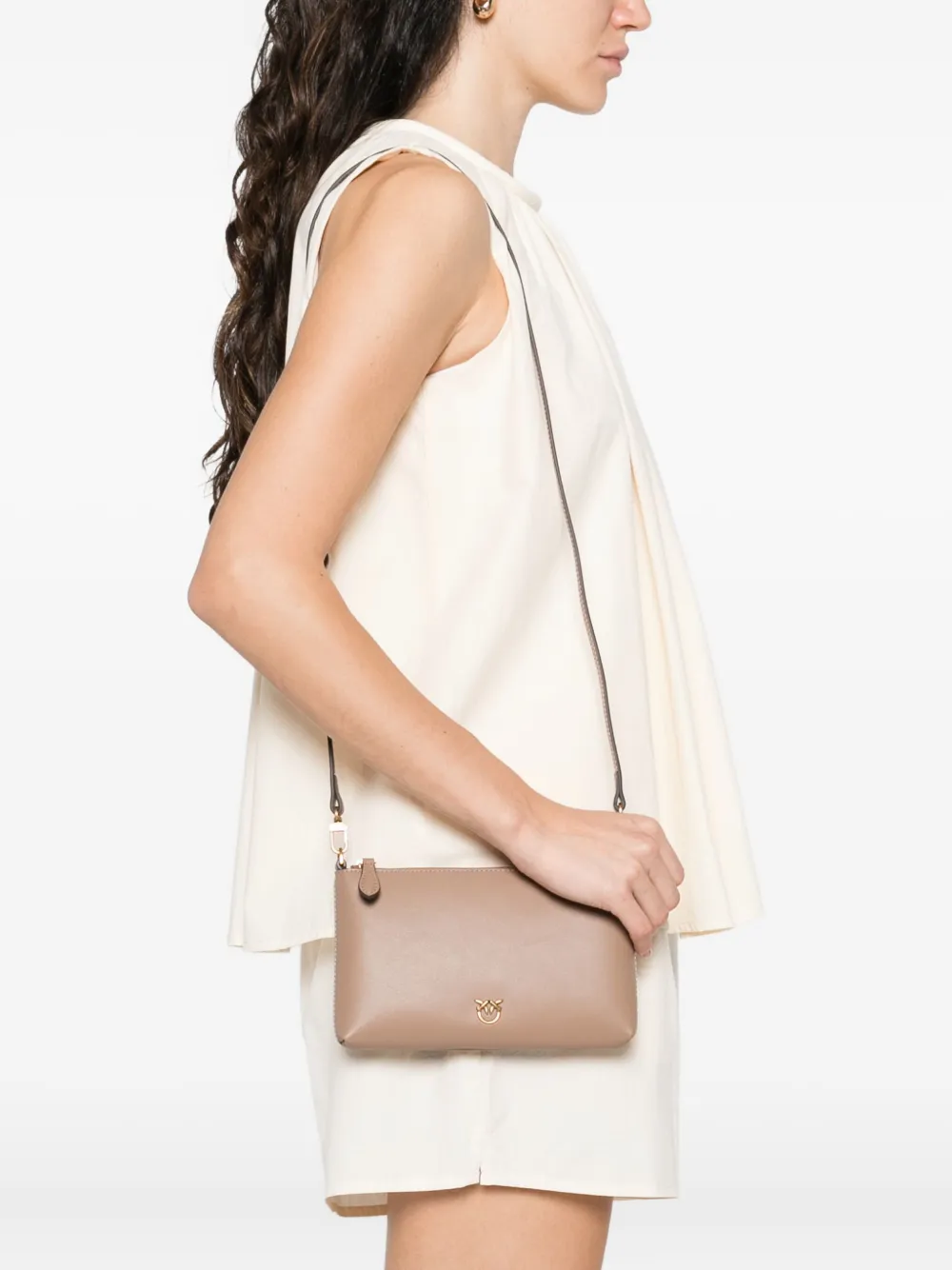 PINKO mini Flat leather cross body bag Beige