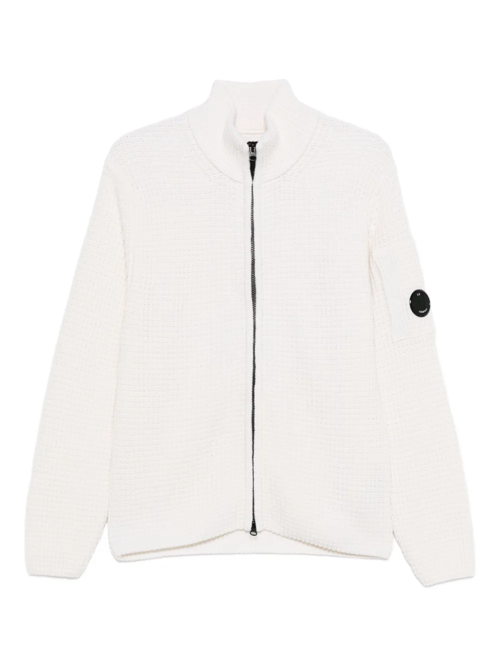 zip-front waffle-knit cardigan