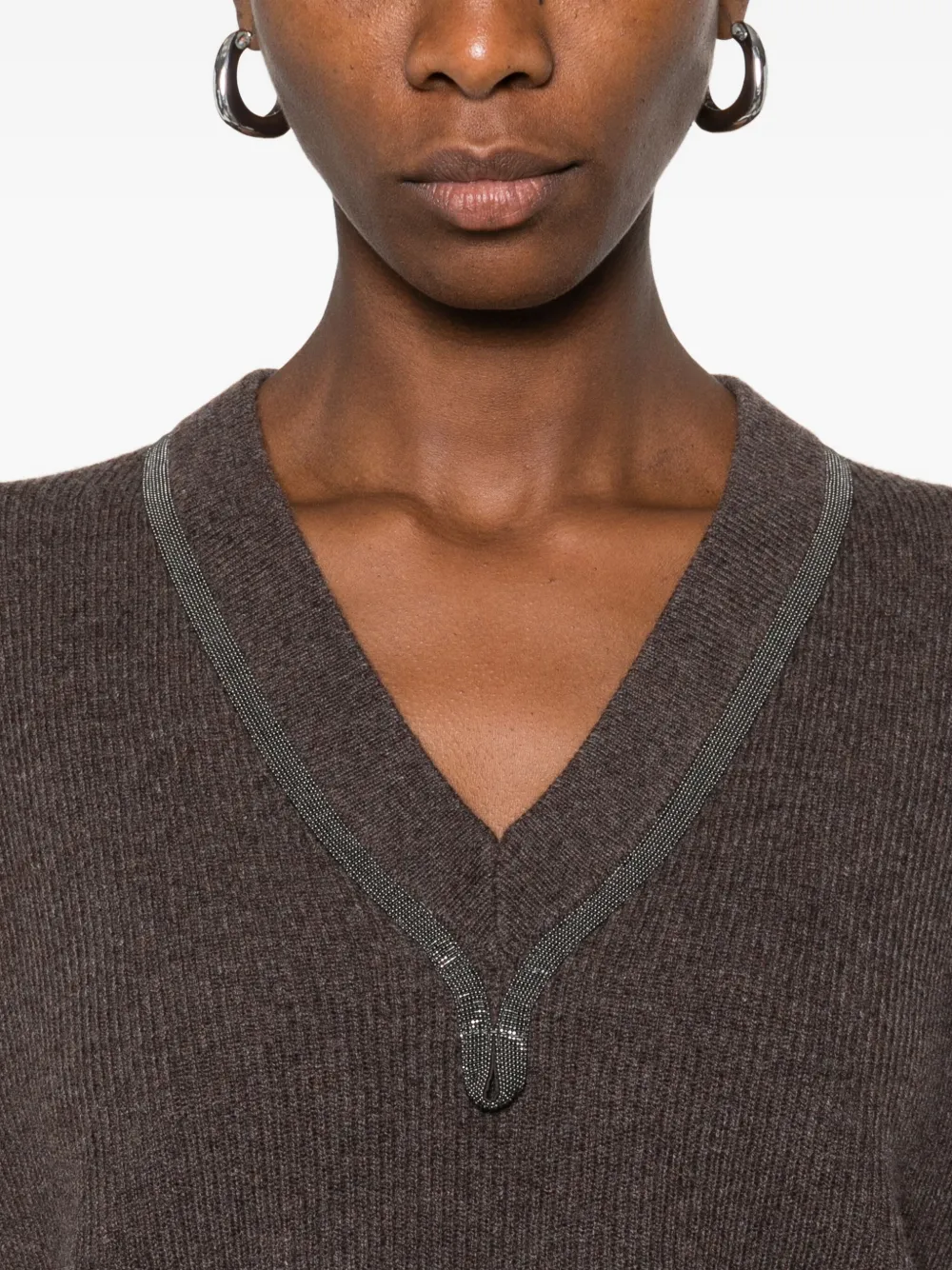 Brunello Cucinelli Embellished V-neck Sweater In Brown