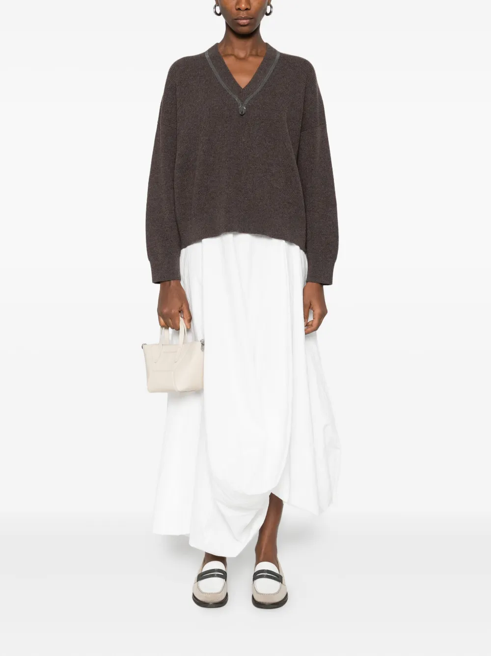 Brunello Cucinelli Embellished V-neck Sweater In Brown