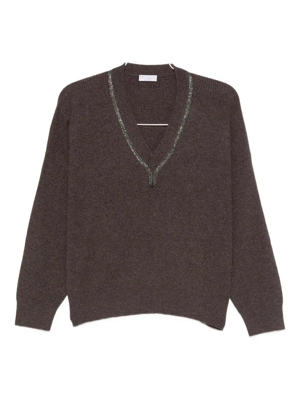 Brunello Cucinelli Embellished V-neck Sweater In Brown