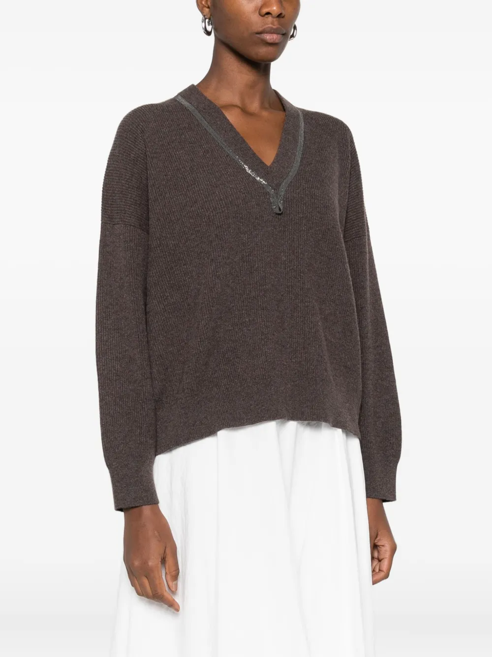 Brunello Cucinelli Embellished V-neck Sweater In Brown