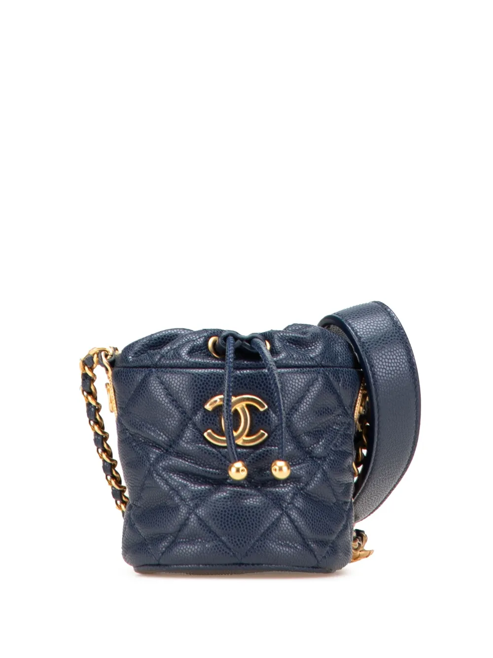 Pre-owned Chanel 2021-2025 Mini Quilted Caviar Medallion Charms Drawstring Bucket Bag
