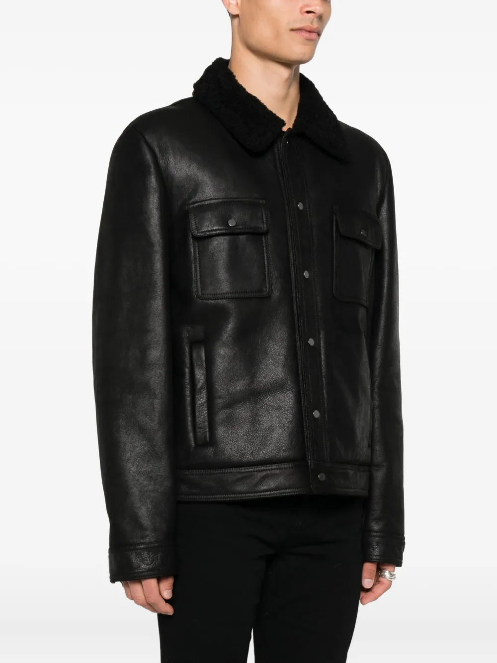 Salvatore Santoro Leren jack met fleece voering Zwart