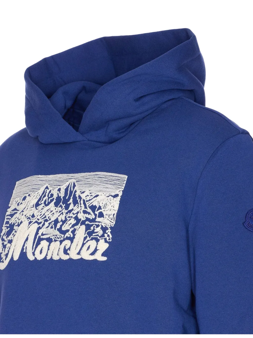 Moncler Embroidered Mountain Logo Cotton Hoodie In Blue