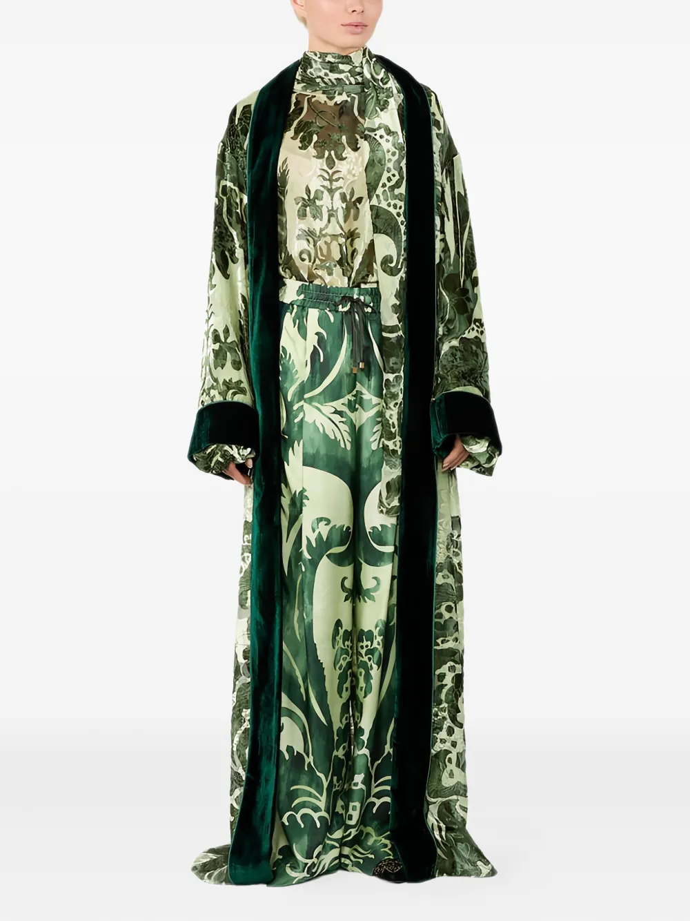 F.r.s For Restless Sleepers Damask-print Velvet-trim Dress In Green