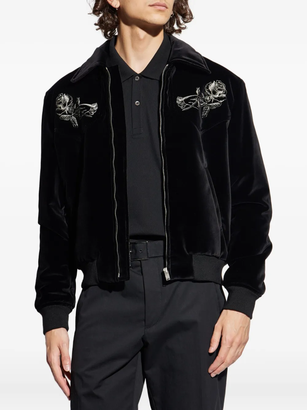 Alexander McQueen Fluwelen jack met geborduurde roos Zwart