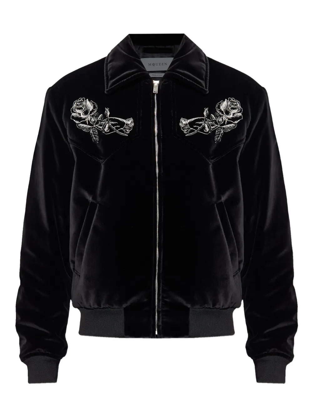 Alexander McQueen rose-embroidered velvet jacket Zwart