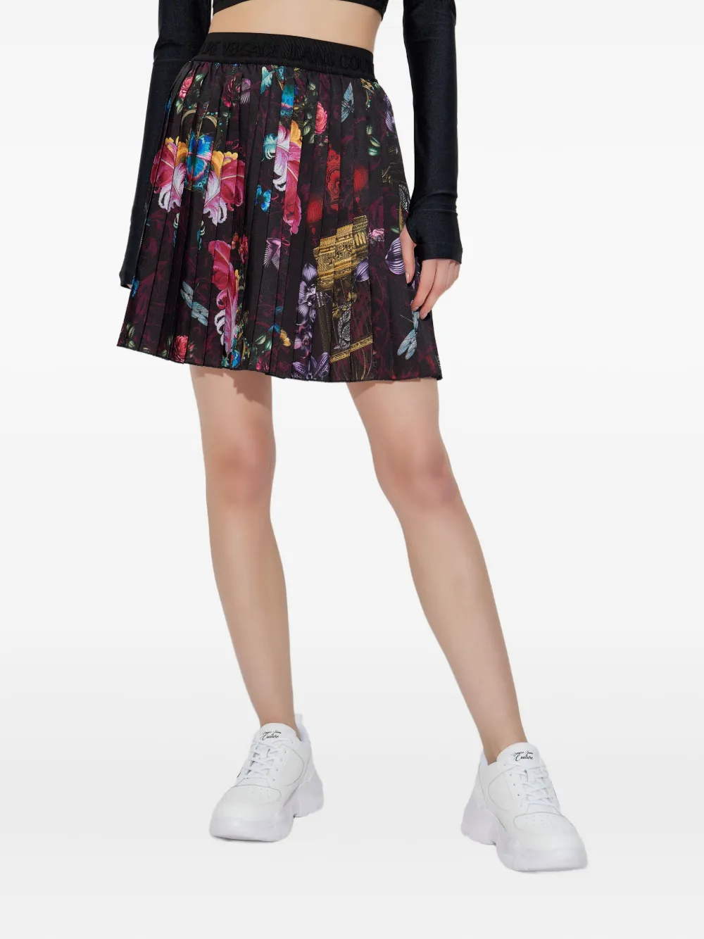 Versace Jeans Couture floral-print pleated skirt Zwart