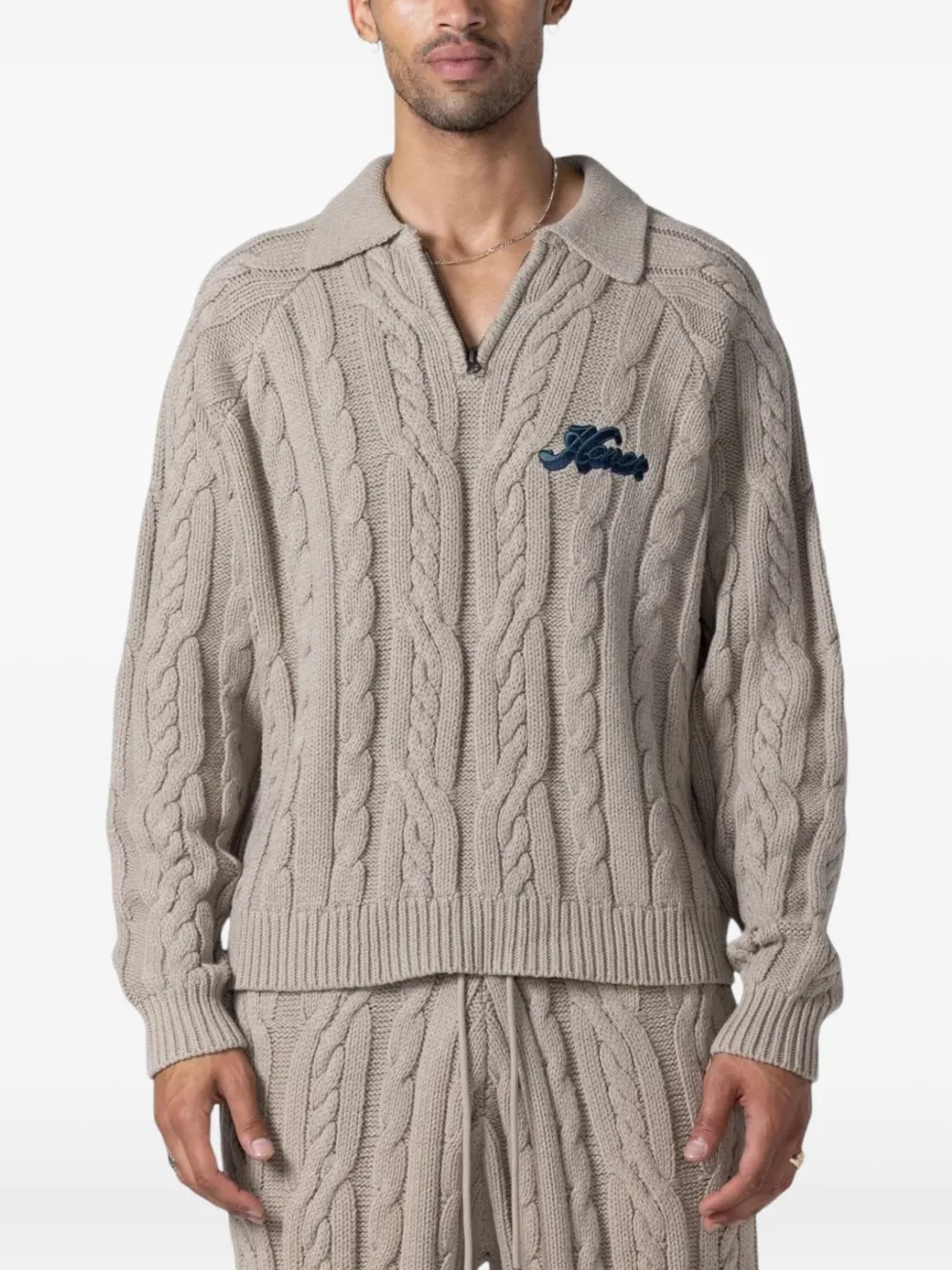 Honor The Gift Henley kabelgebreide trui met kwart rits Beige