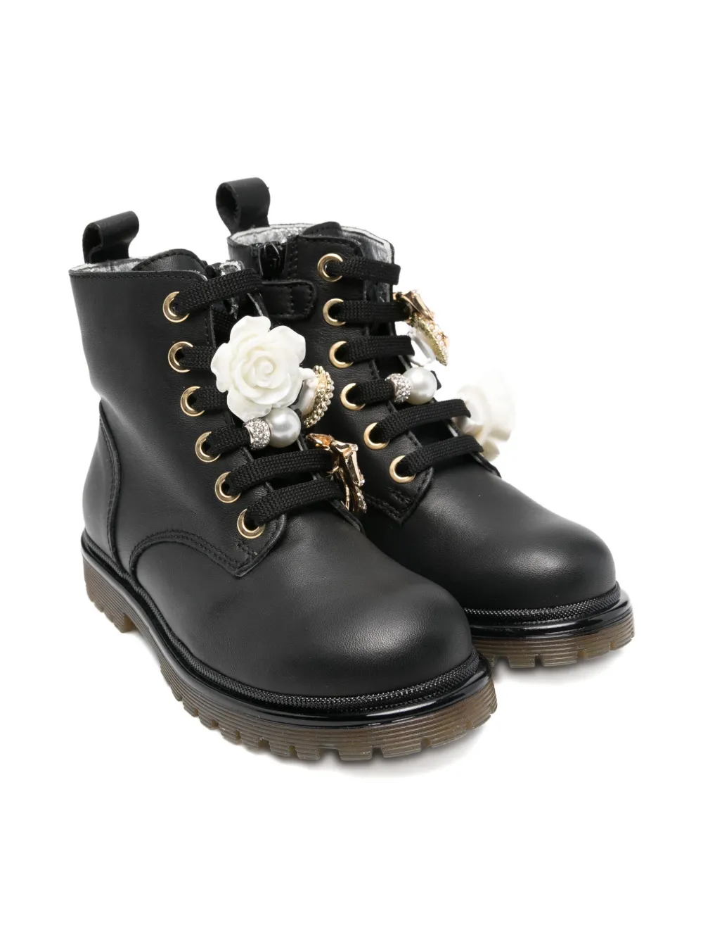 Monnalisa Amphibian lace-up flower-embellished boots Black