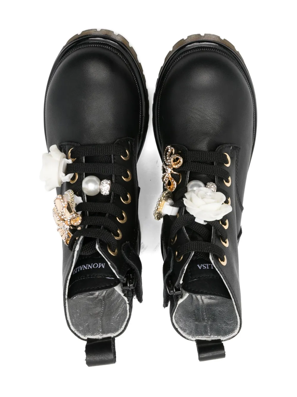 Monnalisa Amphibian lace-up flower-embellished boots Black