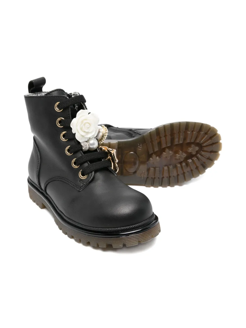 Monnalisa Amphibian lace-up flower-embellished boots Black