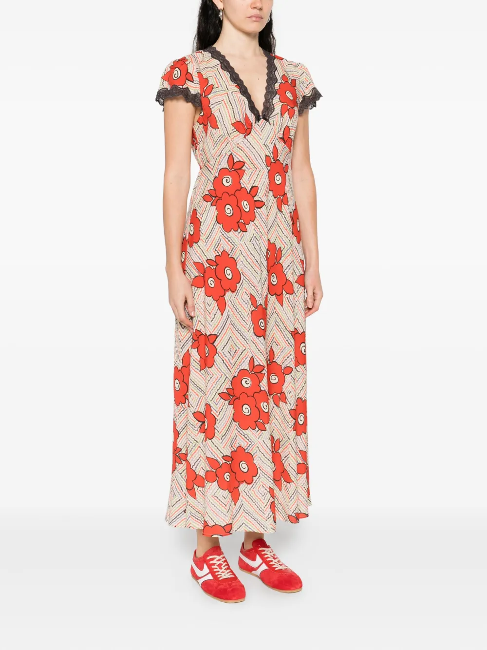Rixo Sandrine jurk met afwerking van kant Beige