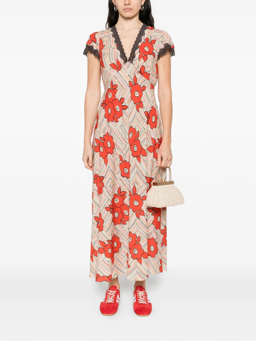 Rixo Sandrine jurk met afwerking van kant - Beige