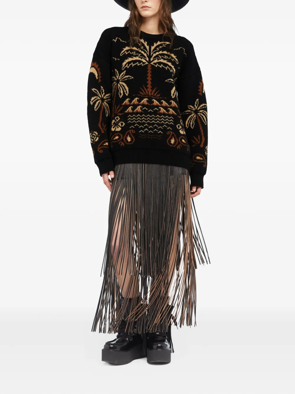 Alanui Glimpse of Eden trui met palmboom intarsia Zwart