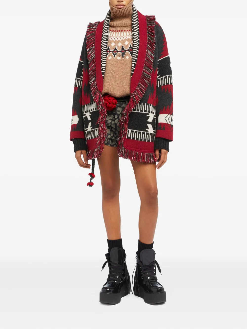 Alanui jacquard fringed cardigan Rood