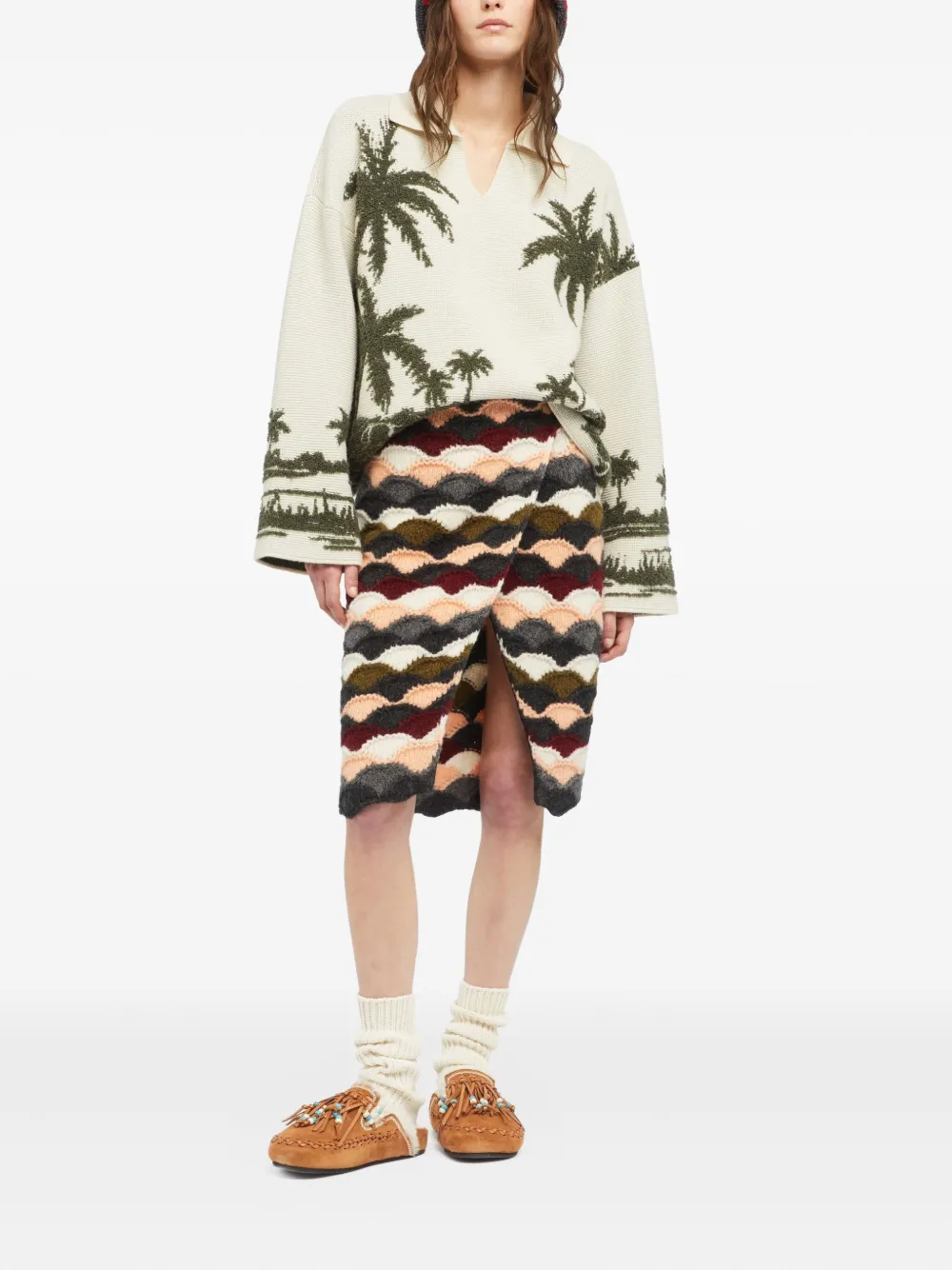 Alanui Trui met palmboomprint en polokraag Beige