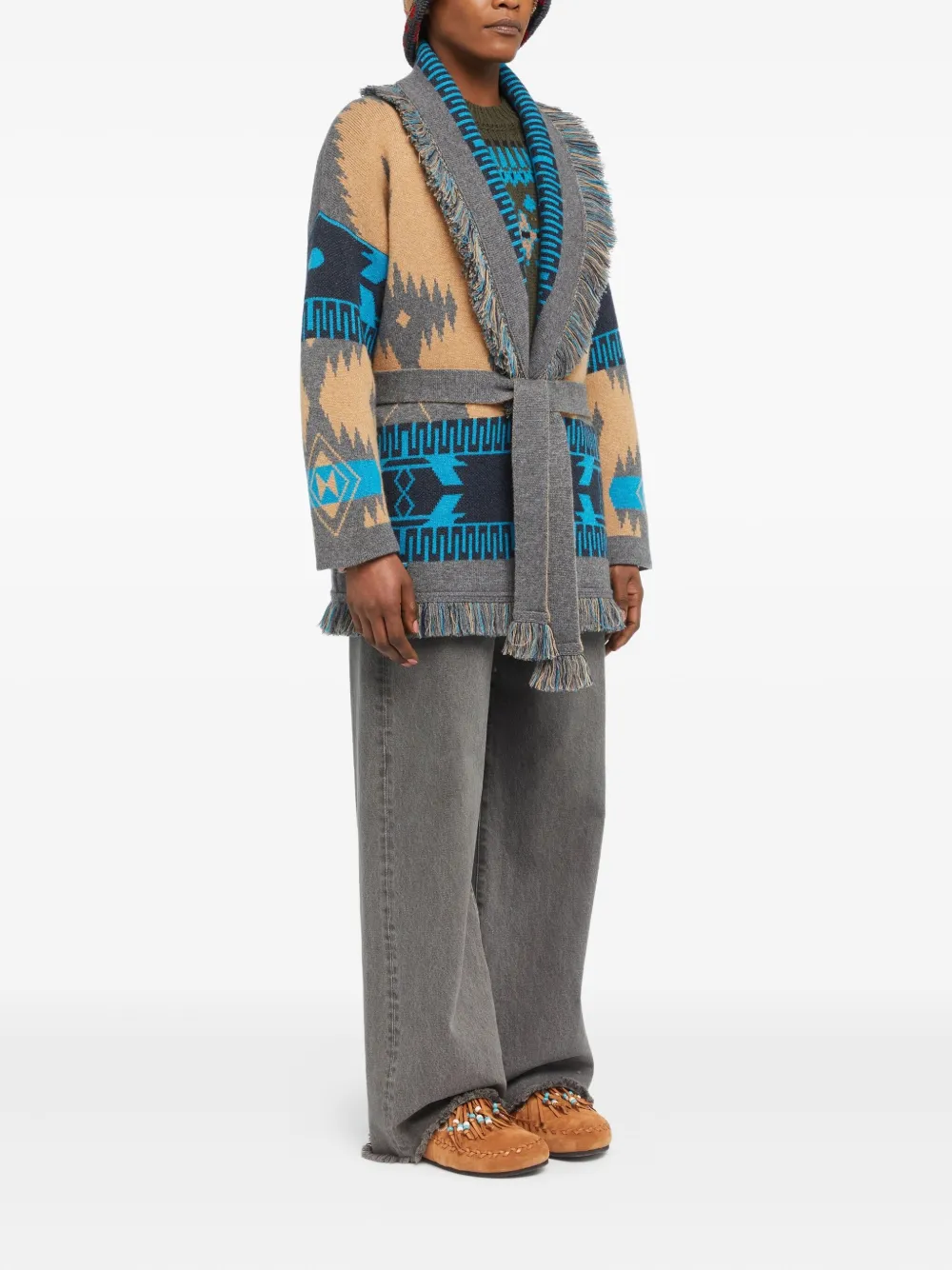Alanui Icon jacquard fringed cardigan Beige