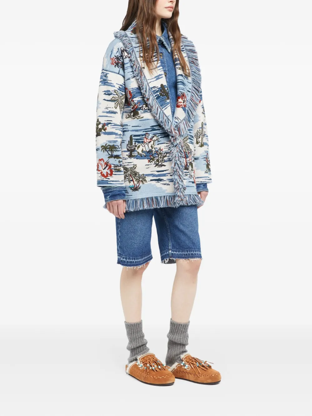 Alanui Tex-Hawaii Roundtrip fringed tapestry cardigan Blauw