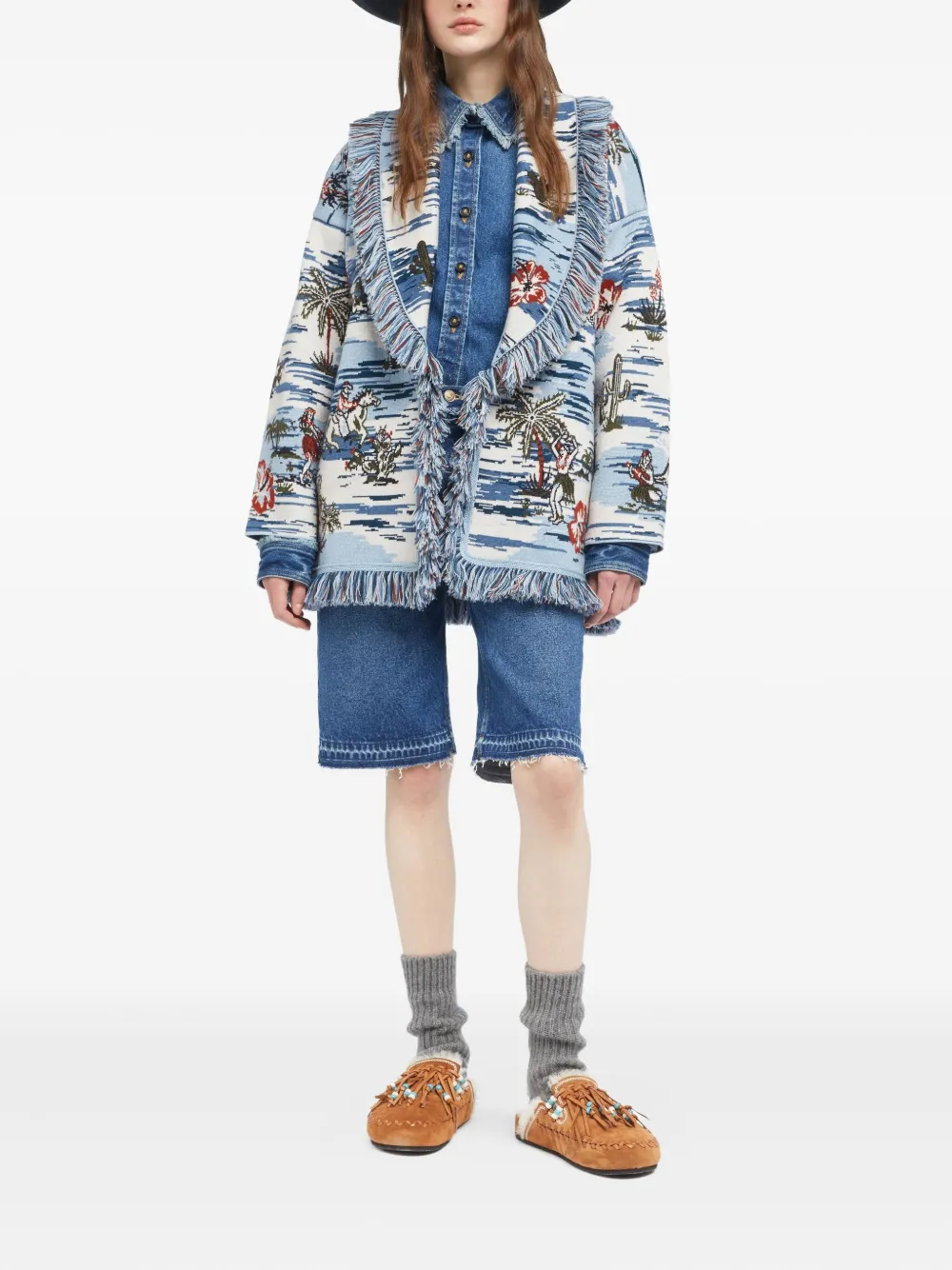 Alanui Tex-Hawaii Roundtrip fringed tapestry cardigan Blauw