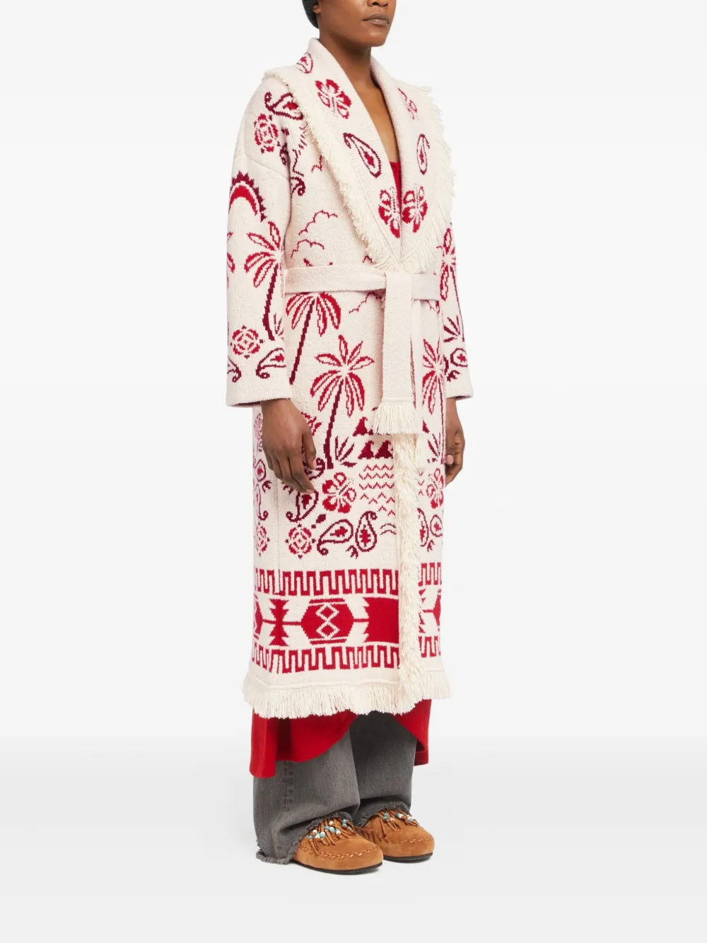 Alanui Jas met franje en palmboomprint 0F25-Chalk-Ruby