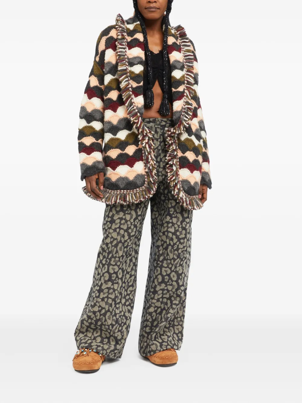 Alanui wave-pattern fringed cardigan Groen