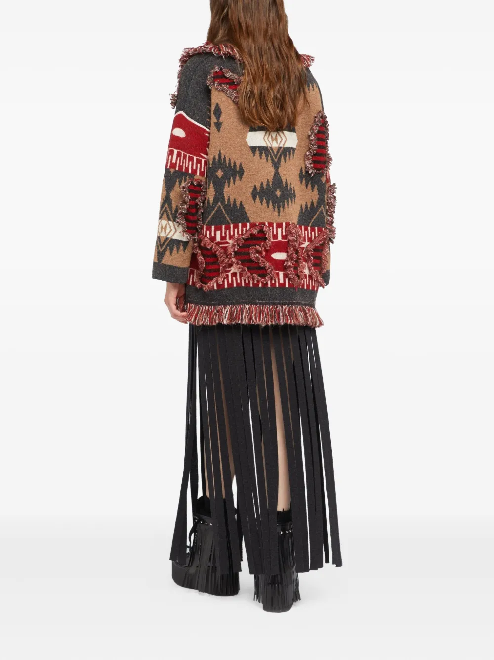 Alanui Grunge Anthem Fringed Patterned Coat In Brown