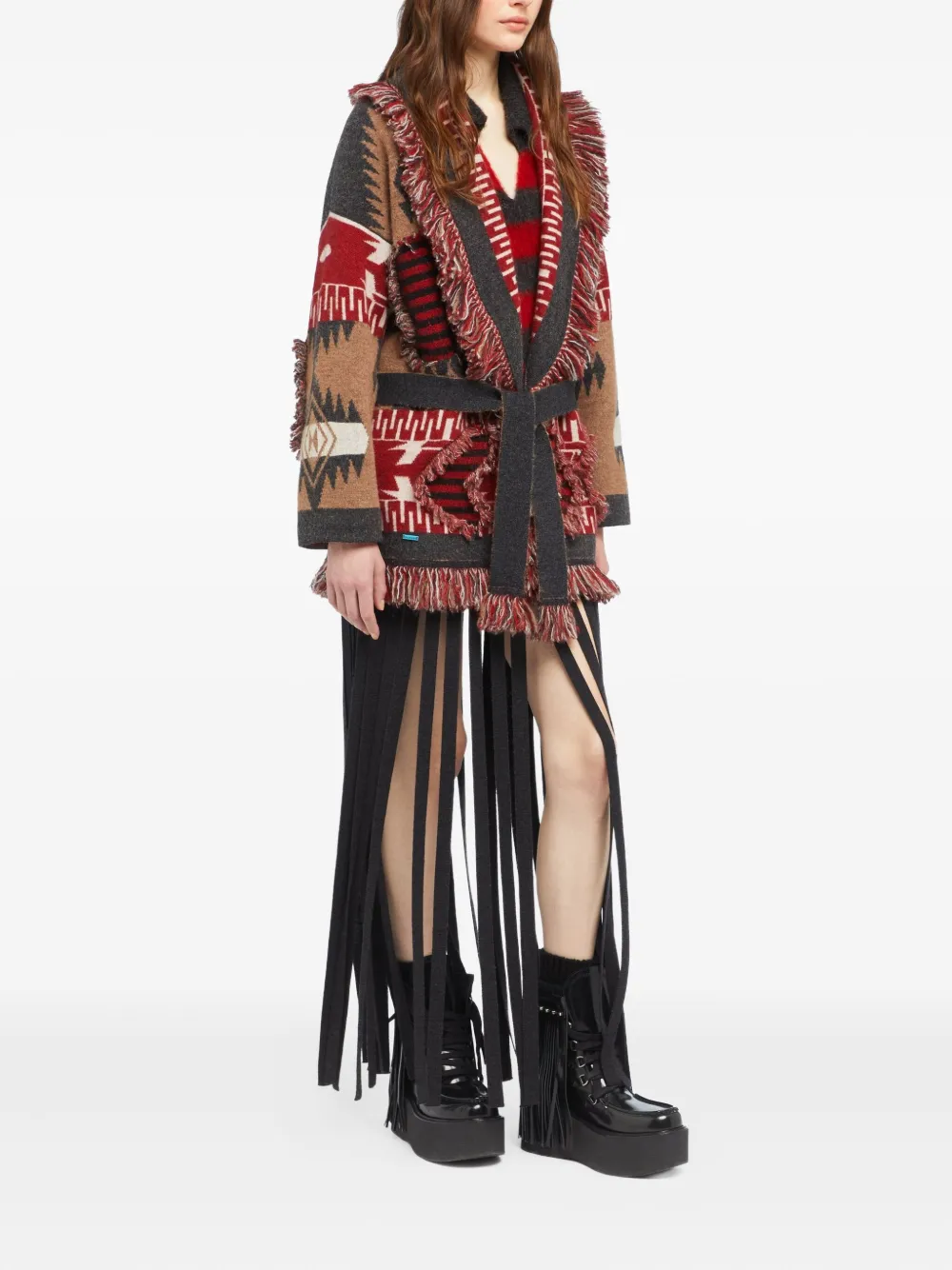 Alanui Grunge Anthem Fringed Patterned Coat In Brown