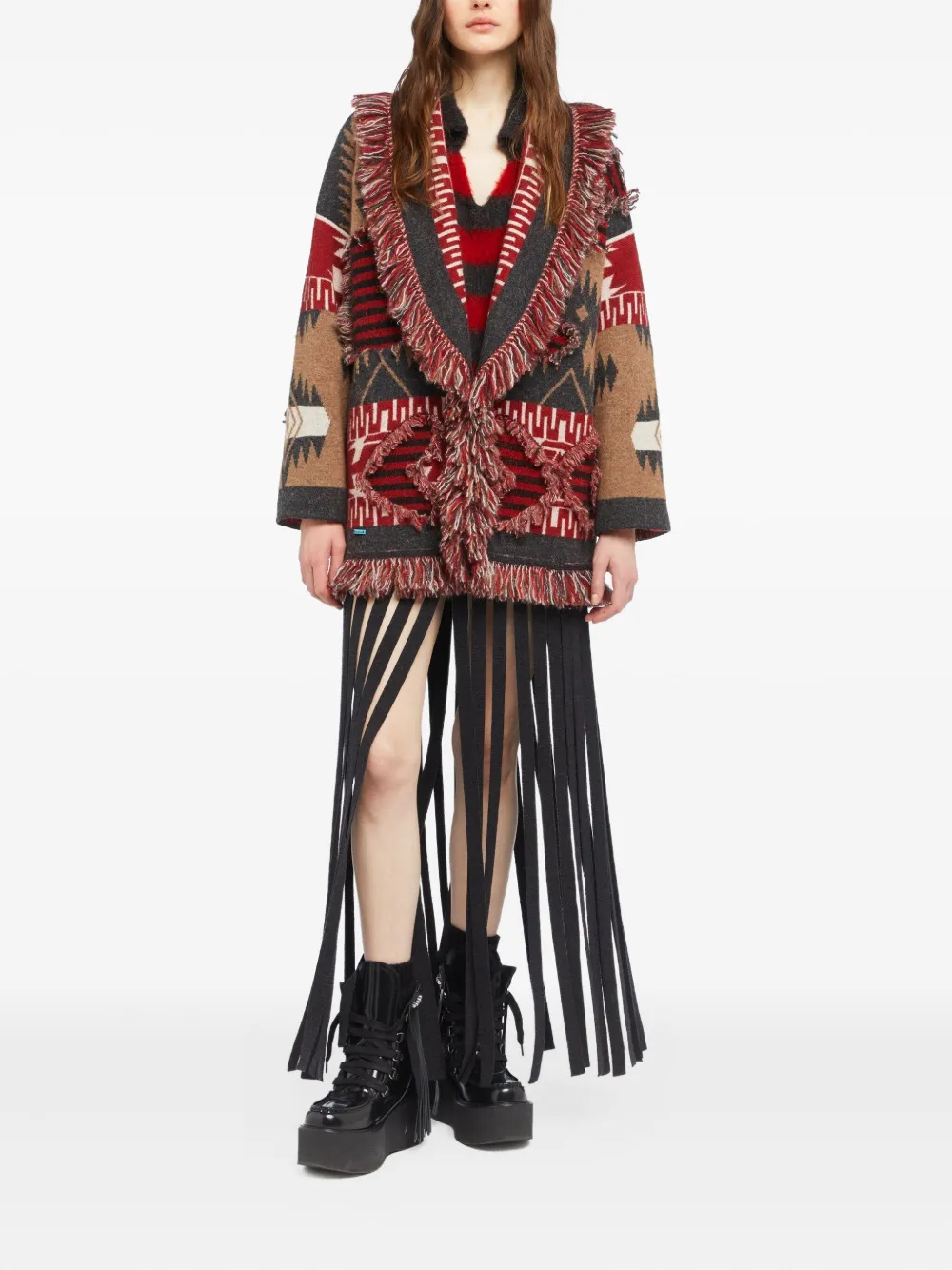 Alanui Grunge Anthem Fringed Patterned Coat In Brown