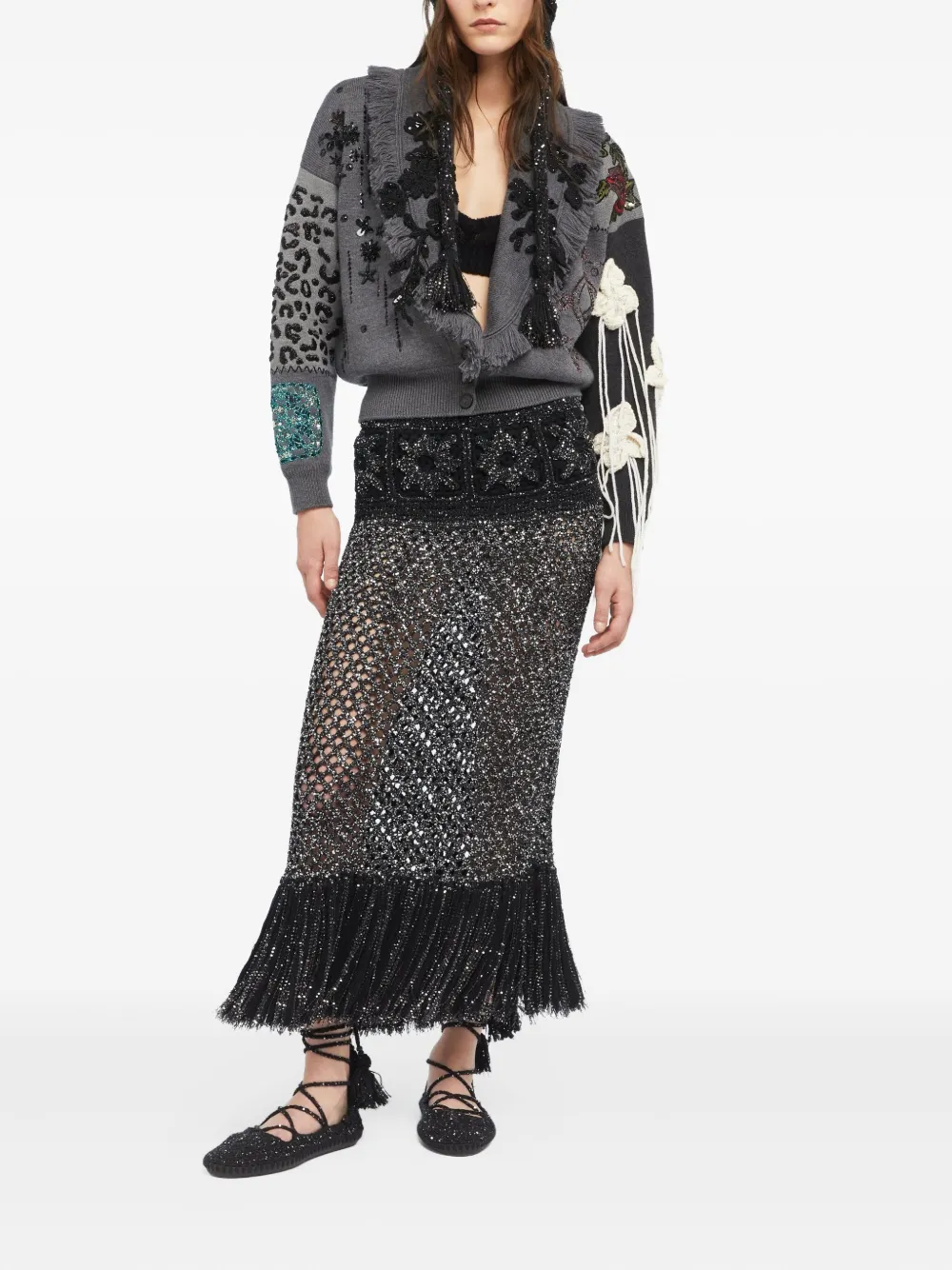 Alanui Midnight In Manhattan Embellished Fringed Cardigan In Gray