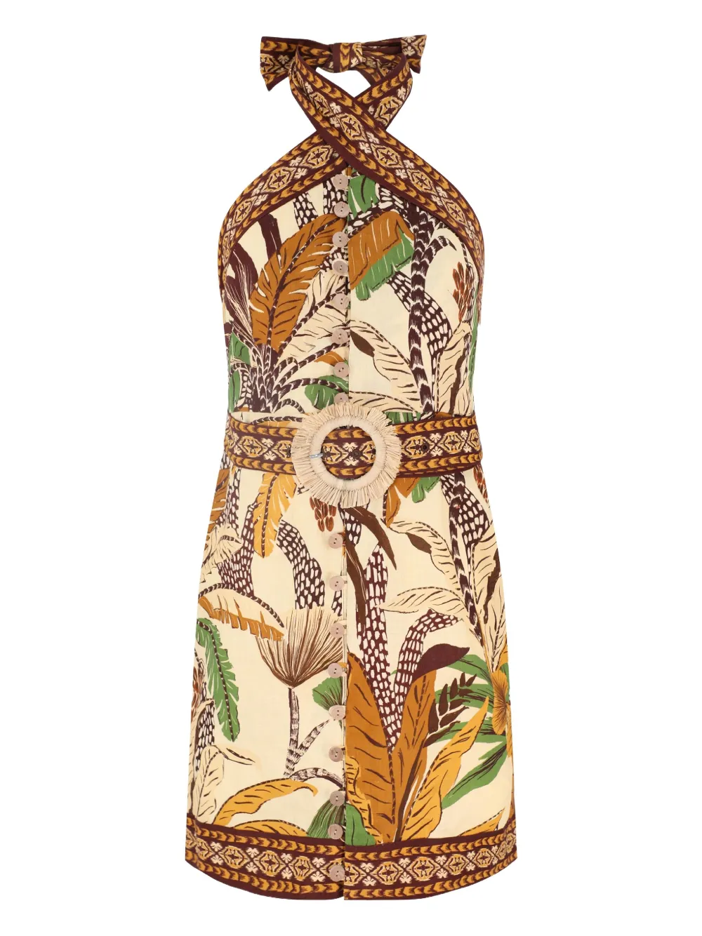 halter-neck botanical print day dress