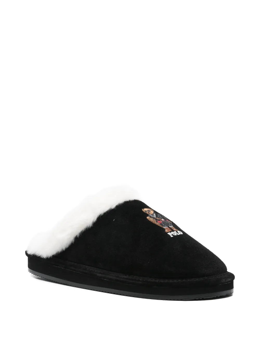 Polo Ralph Lauren Kaylgh slippers met bont en borduurwerk Zwart