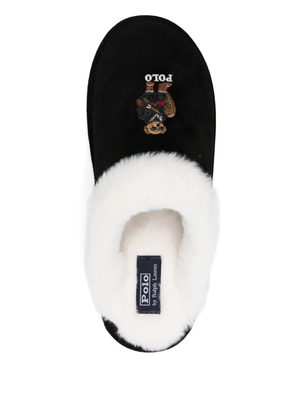 Polo Ralph Lauren Kaylgh slippers met bont en borduurwerk Zwart