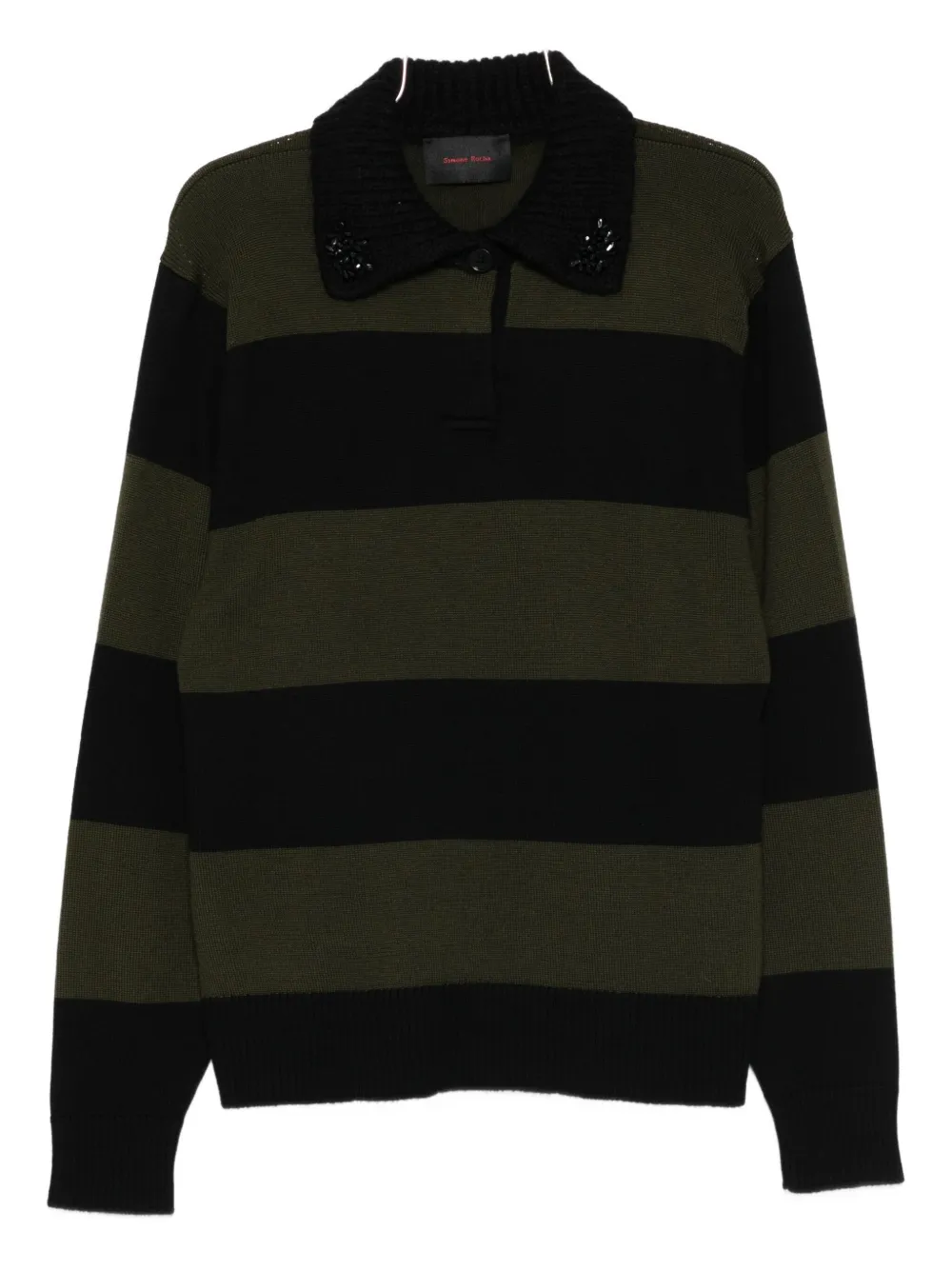 Simone Rocha Striped Embellished-collar Polo Shirt In Green