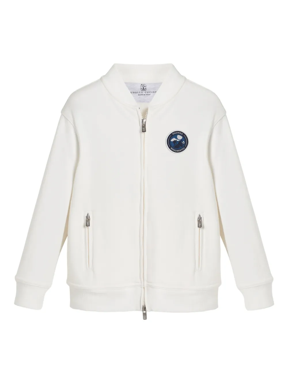 Brunello Cucinelli Kids logo-patch bomber jacket Wit
