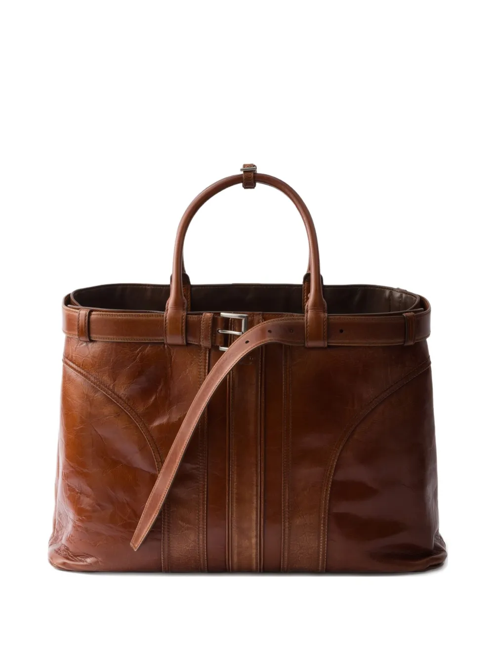Prada Buckle Leather Tote Bag In Brown