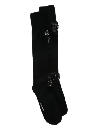 Simone Rocha フラワープリントソックス　花柄ラメ入り黒花柄ソックス Simone Rocha Embellished Rose Knee Socks | Black | FARFETCH