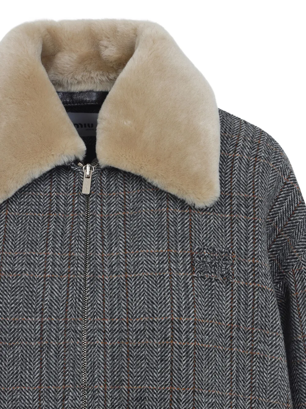 Miu checked shearling-collar bomber jacket Grijs