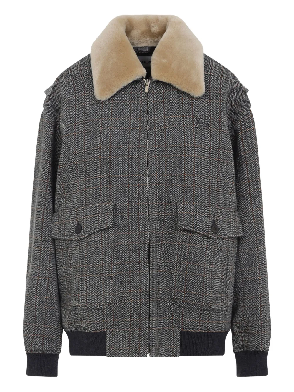 Miu checked shearling-collar bomber jacket Grijs