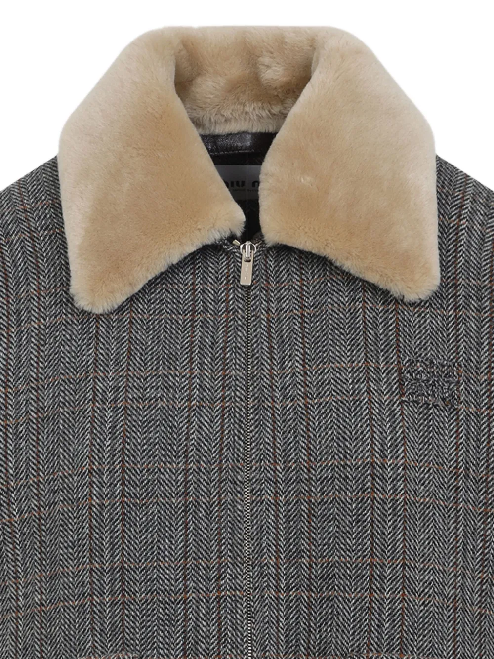 Miu checked shearling-collar bomber jacket Grijs