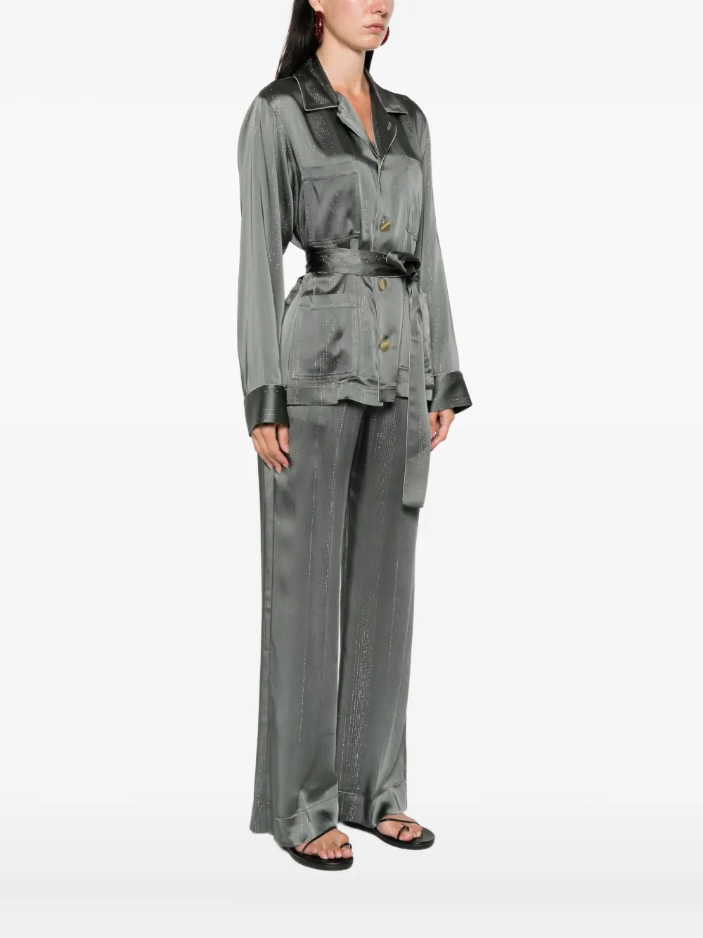 Forte Forte Pyjama Jacket In Silver Pinstriped Satin In Black