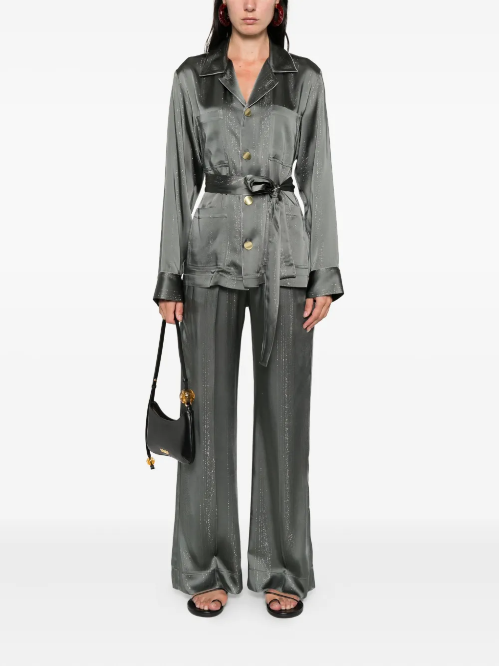Forte Forte Pyjama Jacket In Silver Pinstriped Satin In Black