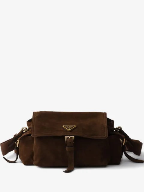Prada Explore medium suede shoulder bag with flap