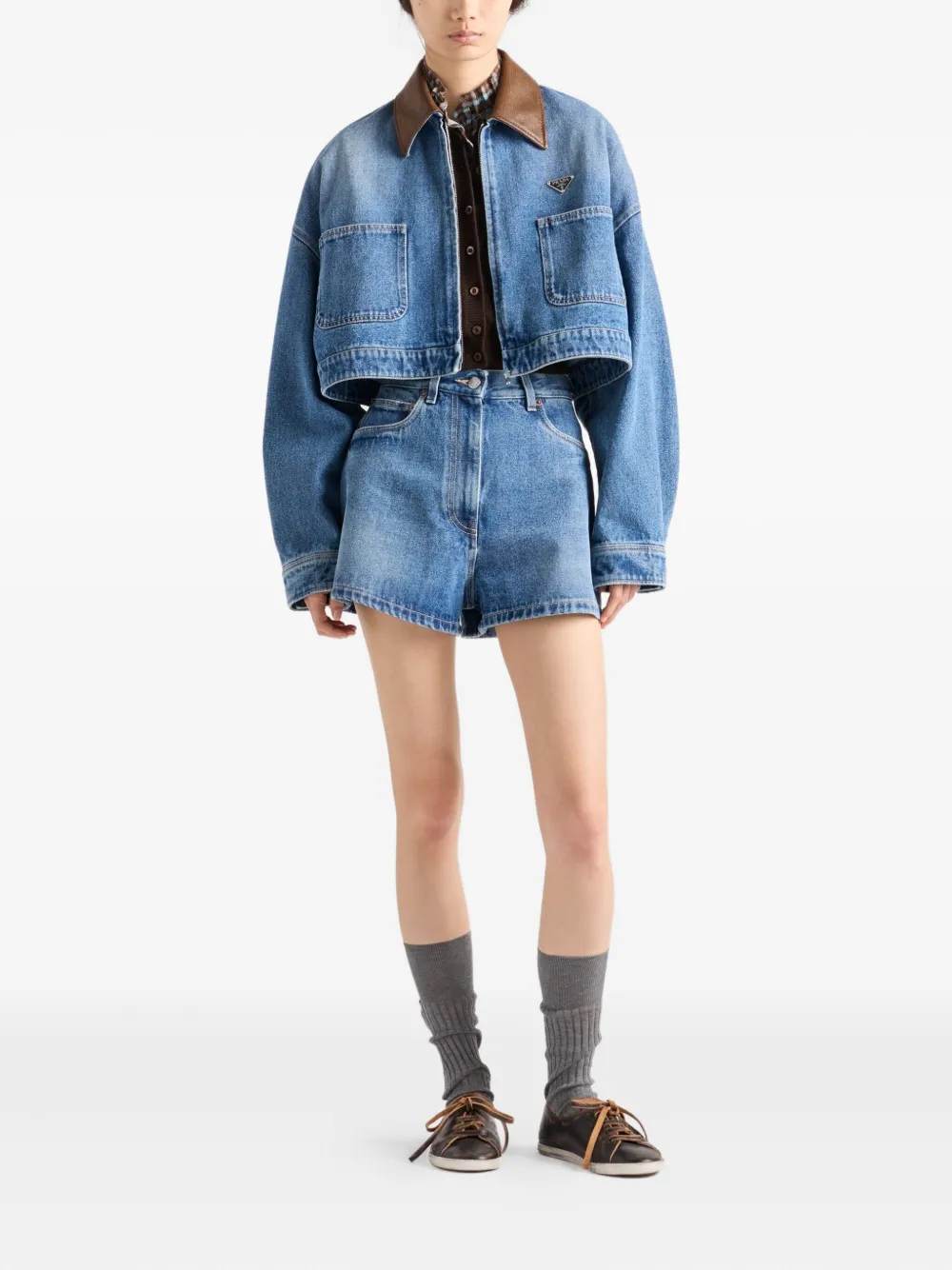 Prada leather-collar denim jacket Blauw