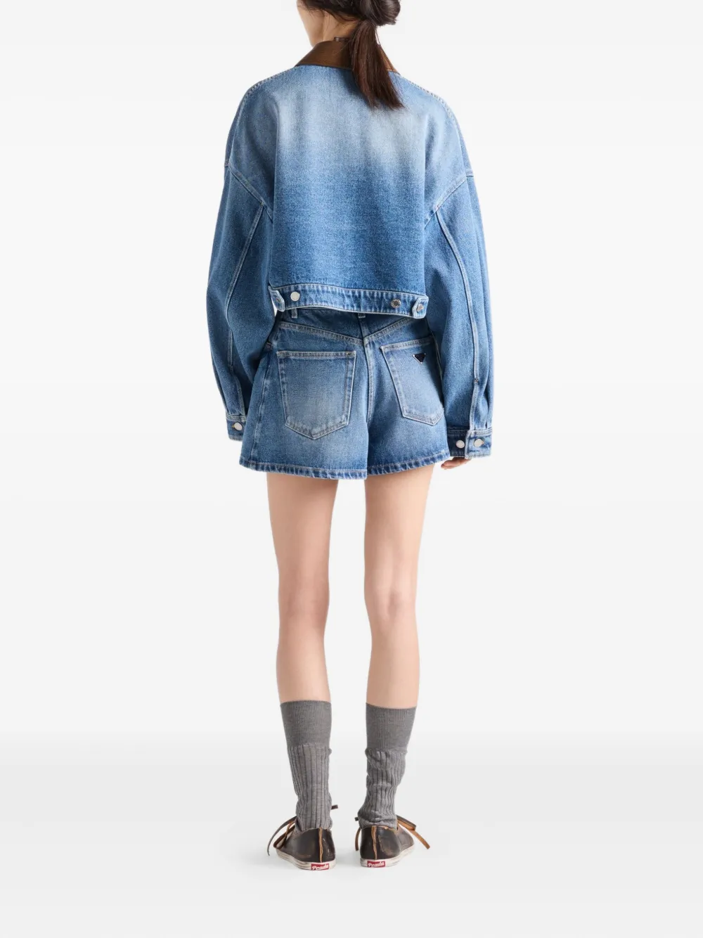 Prada leather-collar denim jacket Blauw