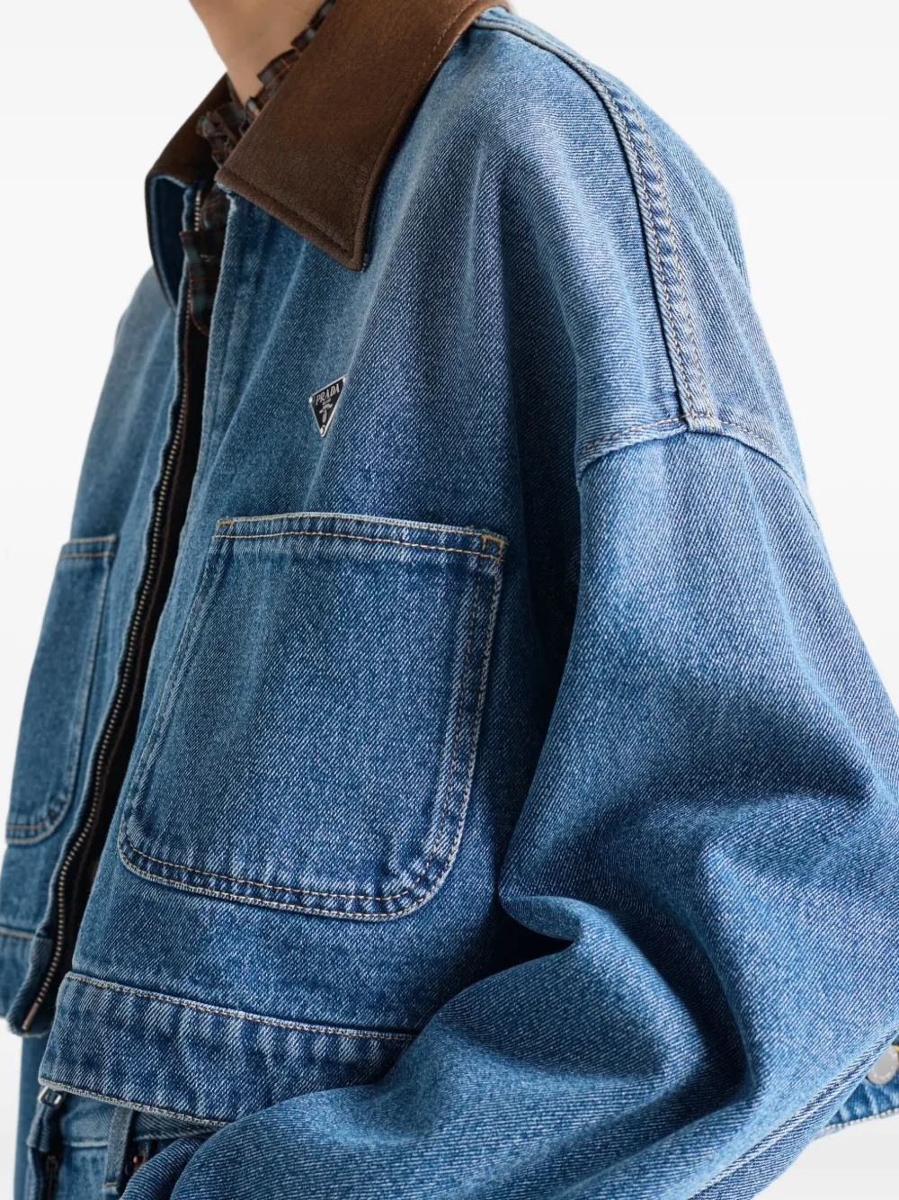 Prada leather-collar denim jacket Blauw