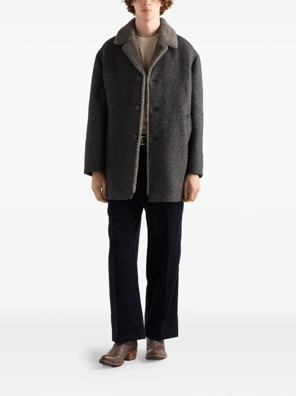 Prada herringbone shearling-collar coat | Single Breasted Coats | Image 2