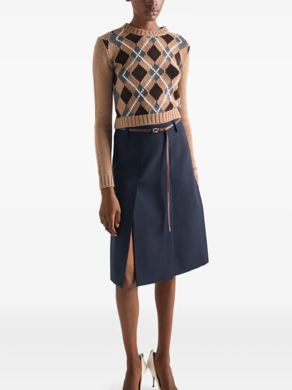 Prada Womens Brown Crewneck Jacquard-knit Cashmere Jumper In Brown